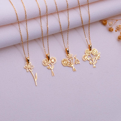 Bouquet Birth Flower Pendant -Dainty Gold Floral Necklace,Personalized Birth Month Jewelry Gift,Anniversary Gift for Her,Necklaces for Women