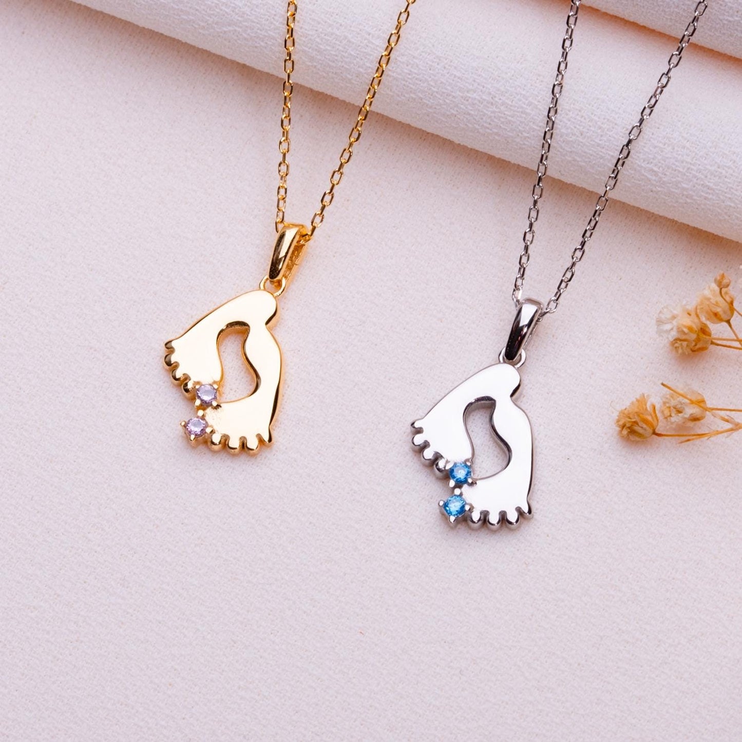 Personalized Baby Footprint Necklace • Newborn Feet Jewelry • Birthstone Gift for Mom • Dainty Footprint Pendant-Custom Baby Gift for Women