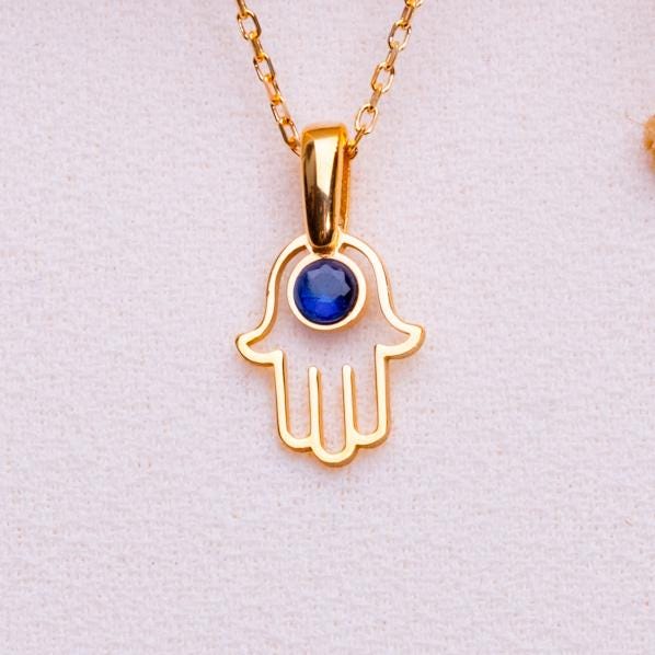 Hamsa Hand Necklace-Gold Evil Eye Pendant-Blue Stone Protection Jewelry-Spiritual Gift for Her-Minimalist Hamsa Charm Necklace-handmade gift