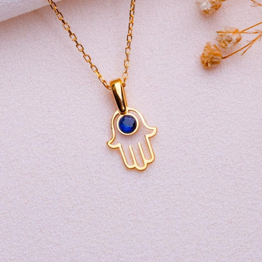 Hamsa Hand Necklace-Gold Evil Eye Pendant-Blue Stone Protection Jewelry-Spiritual Gift for Her-Minimalist Hamsa Charm Necklace-handmade gift