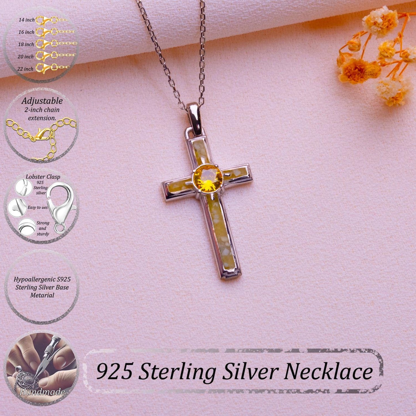 Jade Cross Necklace with Birthstone - Silver Cross - Sideways Jesus Charm, Dainty Resin Pendant-Cute Pearl Gift-Glitter Cross for Her or Him
