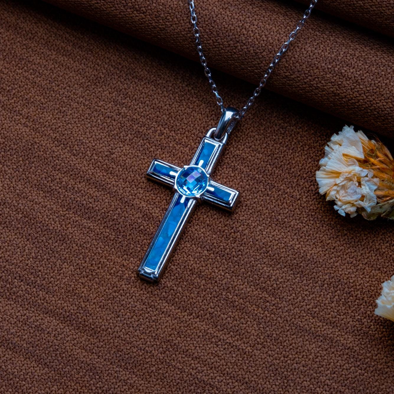 Blue Agate Cross Necklace-Gold Cross for Men,Pearl Charm,Tiny Silver Diamond Pendant,Gothic Orthodox Statement,Wedding Gift,Fashion Jewelry
