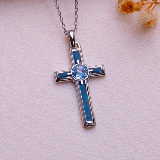 Blue Agate Cross Necklace-Gold Cross for Men,Pearl Charm,Tiny Silver Diamond Pendant,Gothic Orthodox Statement,Wedding Gift,Fashion Jewelry