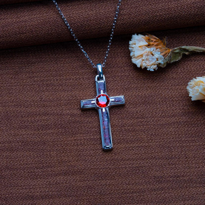 Garnet Cross Necklace with Birthstone • Dainty Gold Cross Charm • Elegant Moissanite Pendant • Gift Box for Mom • Valentine’s Jewelry Set