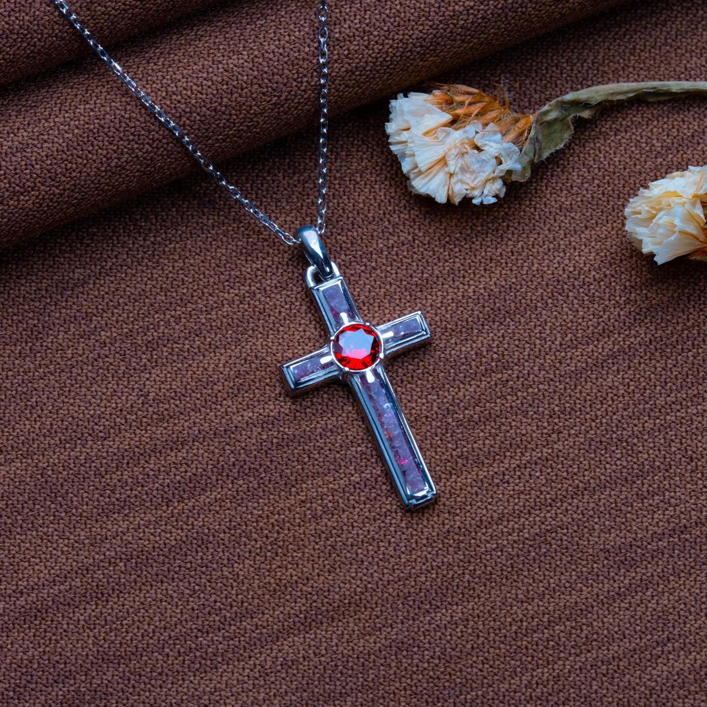 Garnet Cross Necklace with Birthstone • Dainty Gold Cross Charm • Elegant Moissanite Pendant • Gift Box for Mom • Valentine’s Jewelry Set