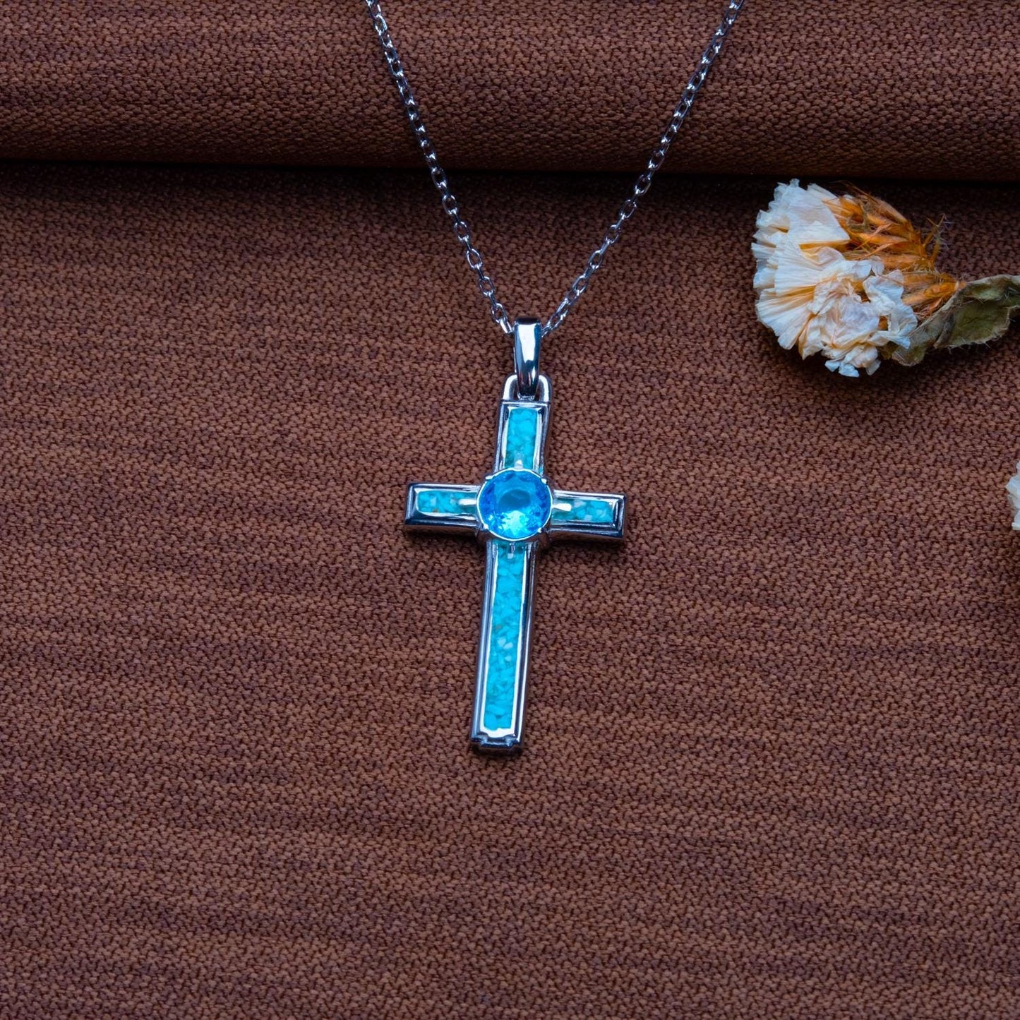 Turquoise Cross Necklace-Gemstone Cross Charm for Women-Tiny Silver Faith Pendant-Filigree Detail-Pearl Accent-Cute Jewelry Gift for Her Now