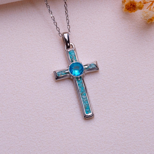 Turquoise Cross Necklace-Gemstone Cross Charm for Women-Tiny Silver Faith Pendant-Filigree Detail-Pearl Accent-Cute Jewelry Gift for Her Now