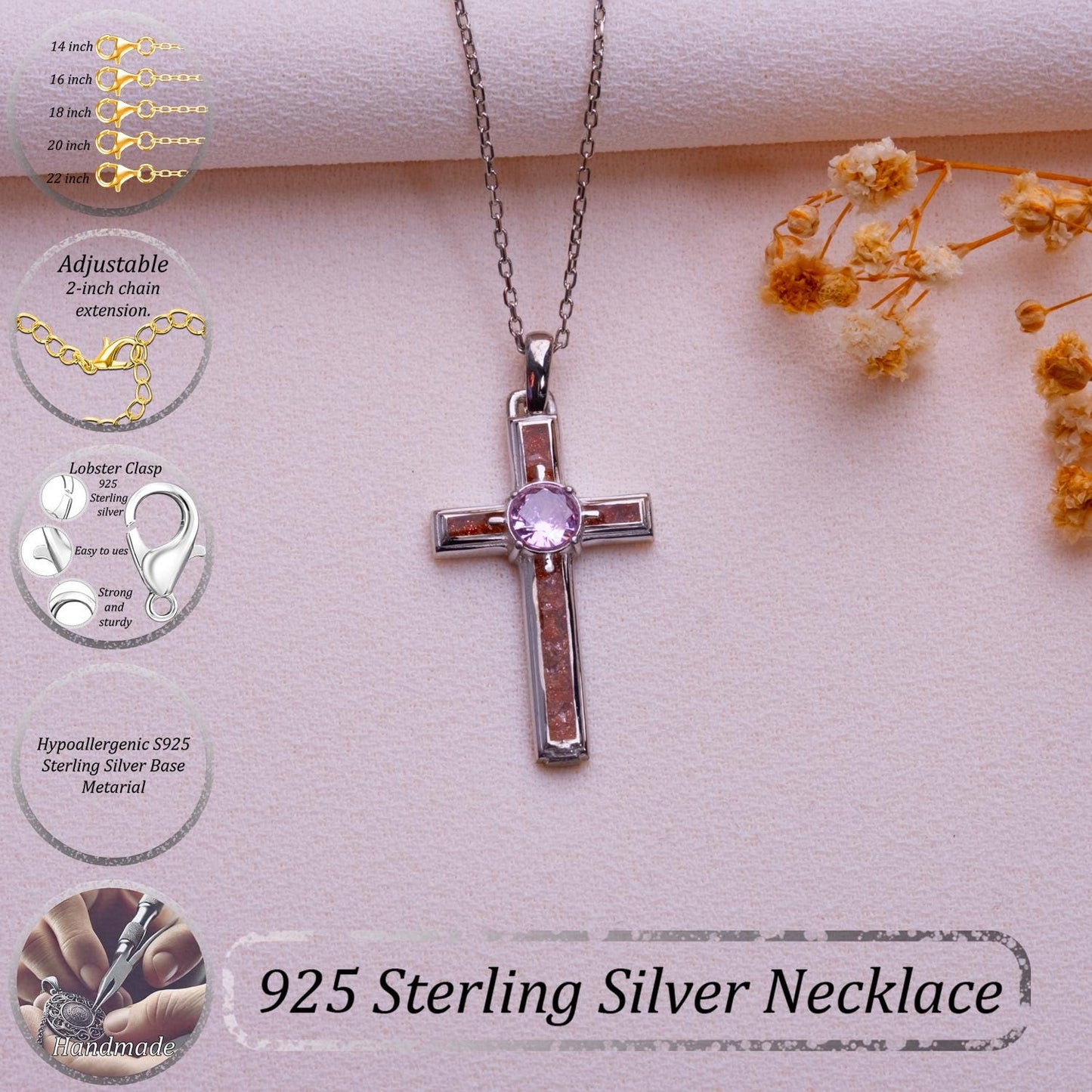 Sunstone Cross Necklace: Sterling Silver Crucifix Pendant, Birthstone Option