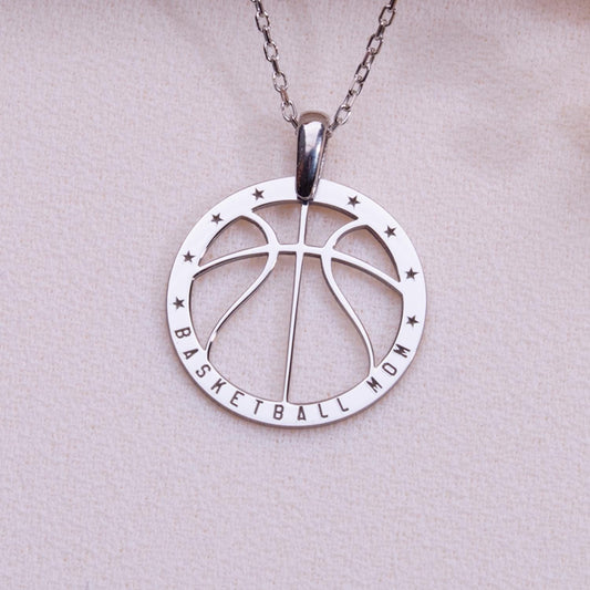 Basketball Mom Necklace – Sterling Silver Sports Pendant Gift for Mom, Cut Out Basketball Jewelry, Personalized Athletic Mom Necklace