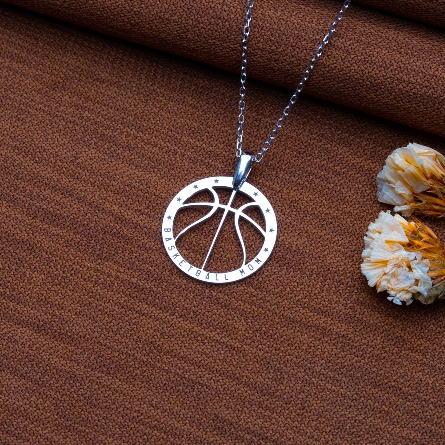 Basketball Mom Necklace – Sterling Silver Sports Pendant Gift for Mom, Cut Out Basketball Jewelry, Personalized Athletic Mom Necklace