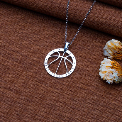 Basketball Mom Necklace – Sterling Silver Sports Pendant Gift for Mom, Cut Out Basketball Jewelry, Personalized Athletic Mom Necklace