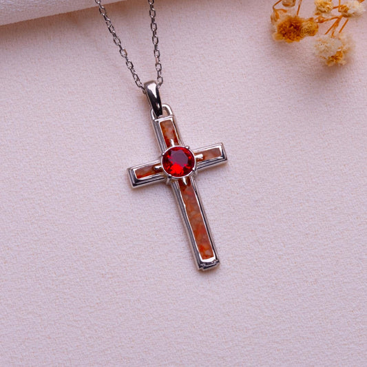 Coral Cross Necklace - Long Sterling Cross Pendant-Vintage Gold Medal Design-Christian Faith Jewelry -Glitter Charm-Mom Gift-Fashion Piece