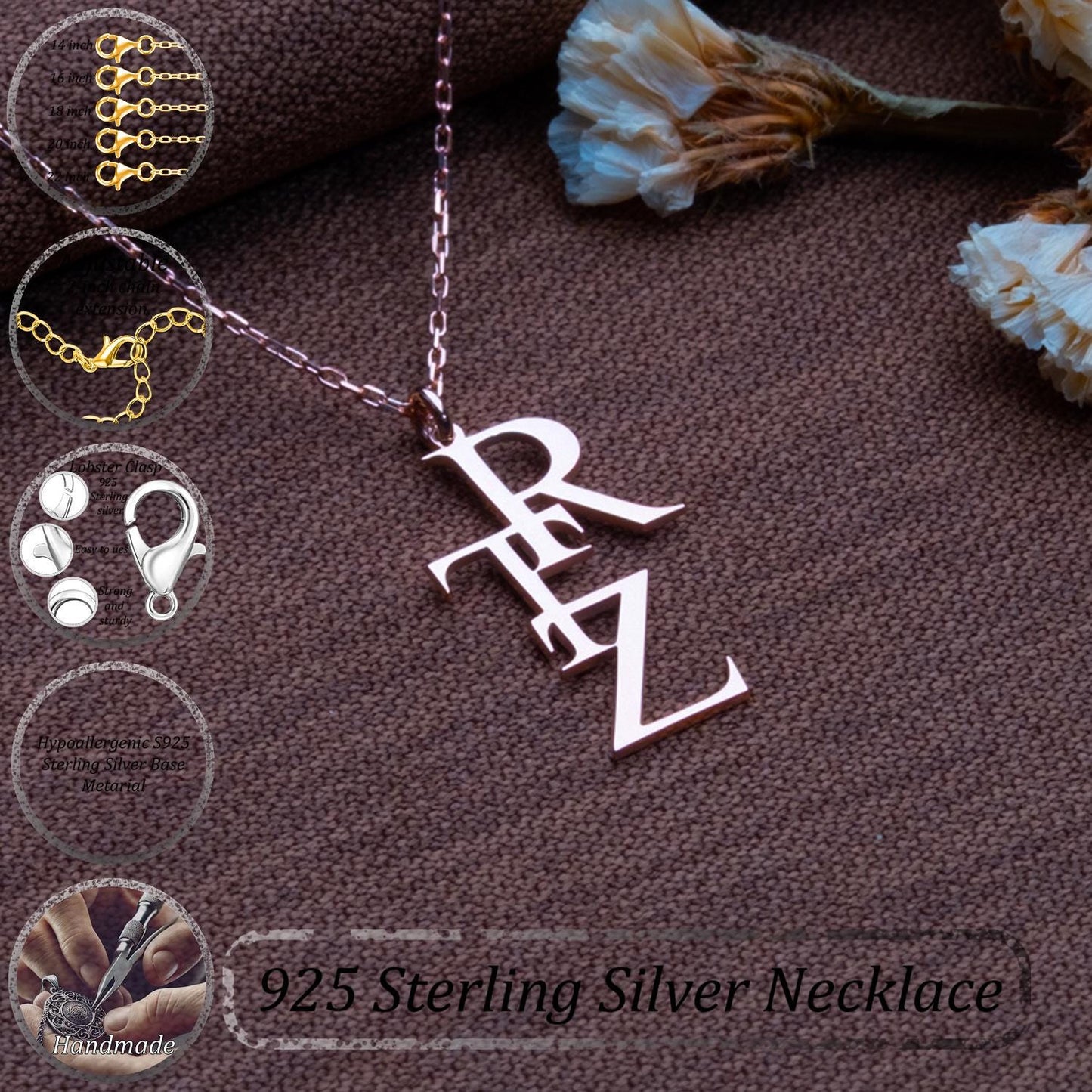 Custom Initial Letter Necklace – Stacked Monogram Pendant, Personalized Rose Gold Necklace with 4 Letters, Gift for Her, Minimalist Jewelry