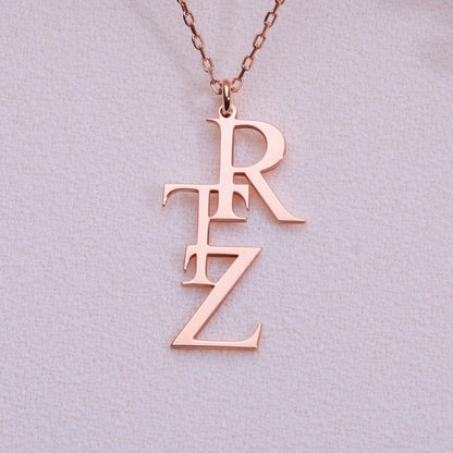 Custom Initial Letter Necklace – Stacked Monogram Pendant, Personalized Rose Gold Necklace with 4 Letters, Gift for Her, Minimalist Jewelry