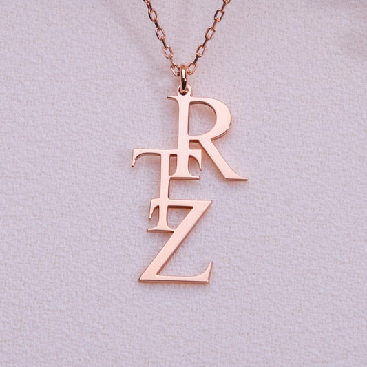 Custom Initial Letter Necklace – Stacked Monogram Pendant, Personalized Rose Gold Necklace with 4 Letters, Gift for Her, Minimalist Jewelry