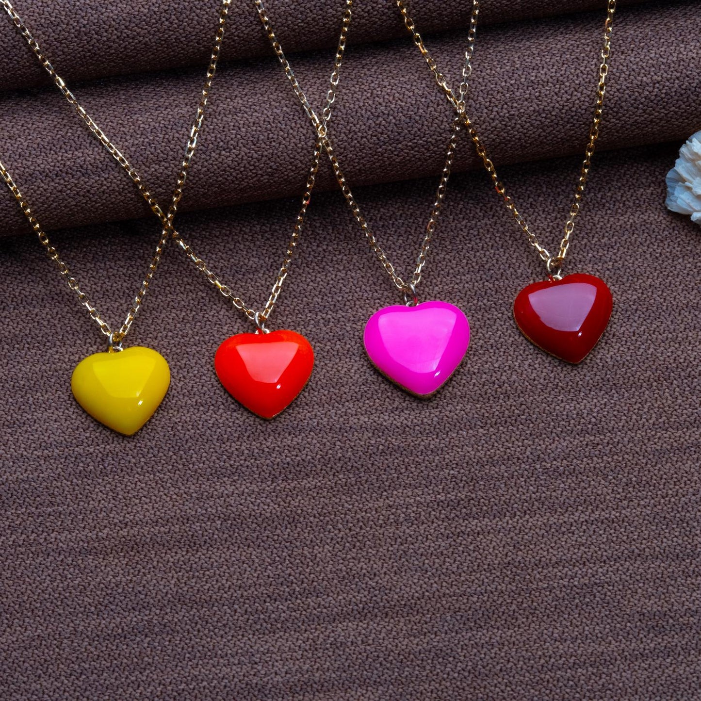 Colorful Puffy Heart Necklace Set – Red,Pink,Yellow, Orange Glossy Charms,Silver Pendant Gift for Her,Valentine's Rainbow Heart Jewelry
