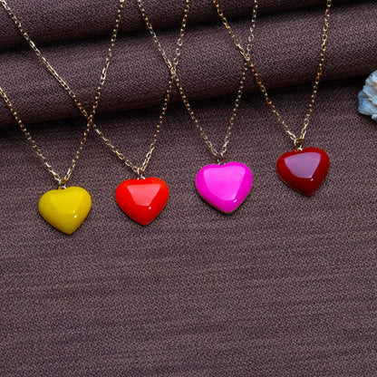 Colorful Puffy Heart Necklace Set – Red,Pink,Yellow, Orange Glossy Charms,Silver Pendant Gift for Her,Valentine's Rainbow Heart Jewelry