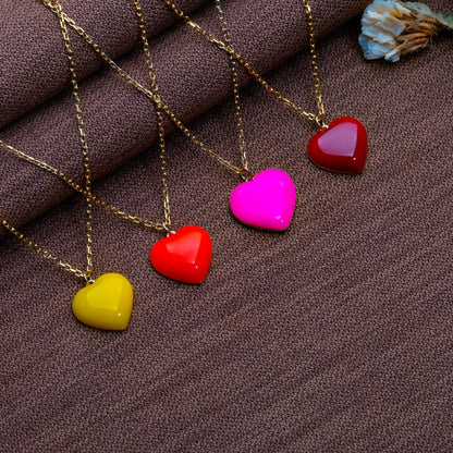 Colorful Puffy Heart Necklace Set – Red,Pink,Yellow, Orange Glossy Charms,Silver Pendant Gift for Her,Valentine's Rainbow Heart Jewelry