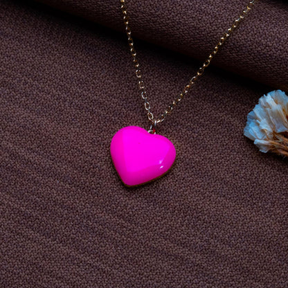 Pink Puffy Heart Necklace – Glossy Enamel Silver Charm on Gold Chain, Handmade Love Pendant Gift for Her,Handmade 925 Silver Love Charm.