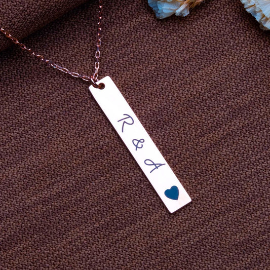 Custom  Initial Bar Necklace – Personalized Pendant with 2 Letters & Heart,Vertical Name Tag Jewelry Gift for Her,Handmade Minimalist Charm