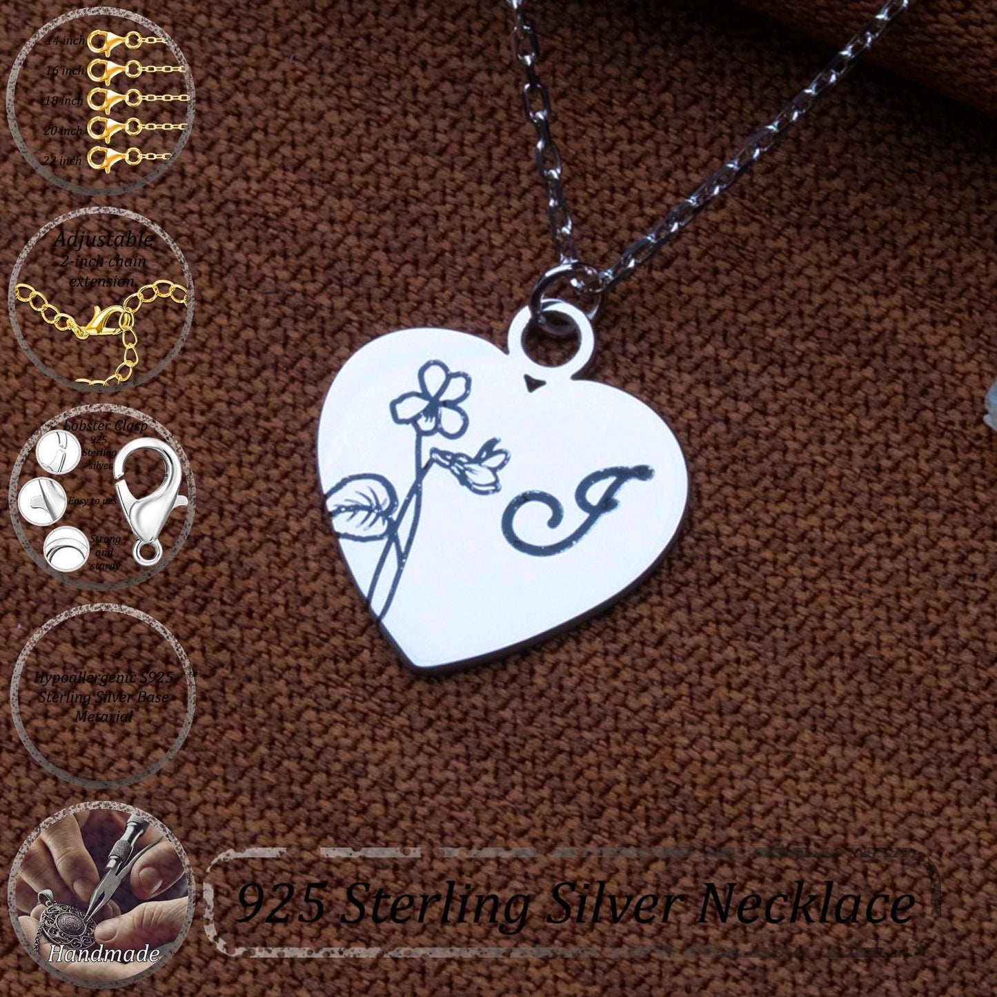 Heart Initial Necklace –Personalized Silver Flower Pendant,Custom Letter Jewelry for Her,Dainty Floral Charm,Handmade Gift,Monogram Necklace