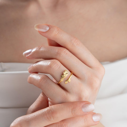 Gold Jewelry Dainty Lily Flower Ring – Birth Flower Jewelry, Feminine Adjustable Stackable Ring, Sterling Nature Minimalist Botanical Ring