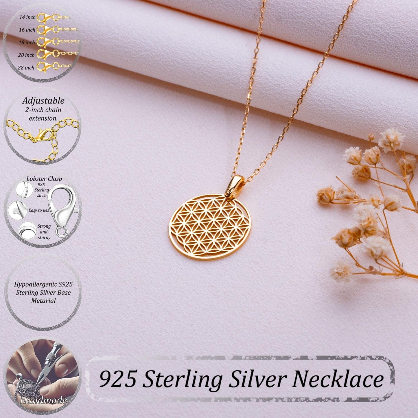 Flower of Life Necklace • Sacred Geometry Pendant • Gold Mandala Jewelry • Spiritual Symbol Necklace • 925 Sterling Silver Gift for Her