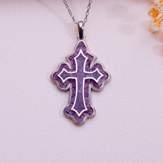 Amethyst Cross Necklace, Gold & Silver Gemstone Pendant, Religious Handmade Jewelry, Antique Bridesmaid Gift, Anniversary-Birthday Gift