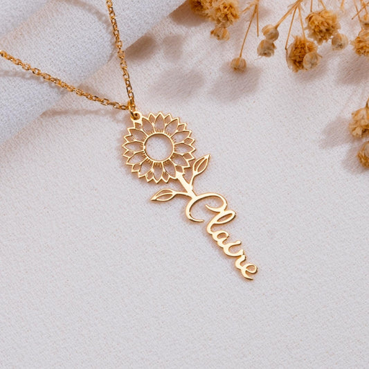 Sunflower Necklace With Name, Dainty Personalized Jewelry, Sunflower Charm Pendant, Gift for Her, Birthday Name Necklace, Silver Necklace