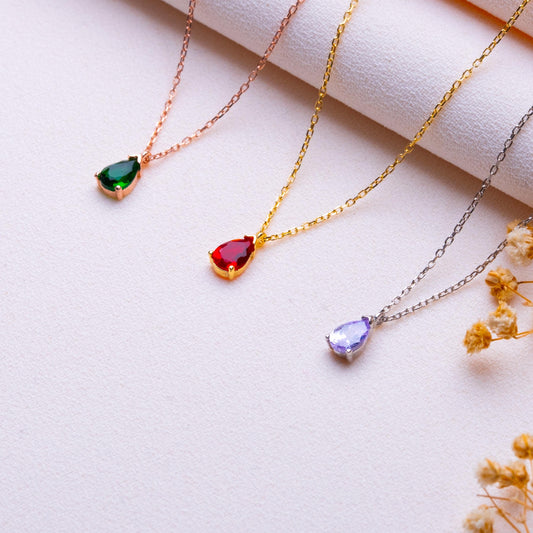Drop Birthstone Necklace-Dainty Gold or Silver Teardrop Pendant ,Personalized Birthstone Jewelry,Gem Drop Necklace Gift,Custom Gift for Her