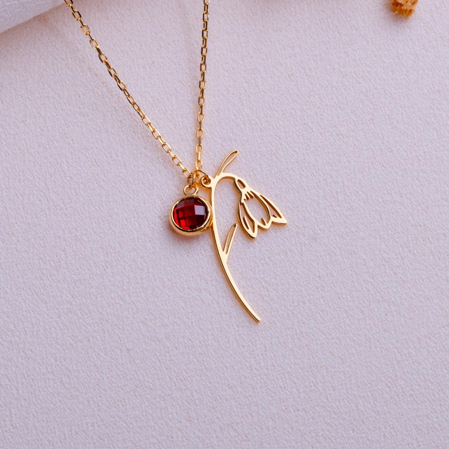 January Garnet Birthstone Necklace • Snowdrop Flower Pendant • Birthflower Jewelry Gift • January Birthday Gift for Her - Handmade necklace