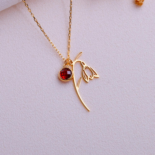 January Garnet Birthstone Necklace • Snowdrop Flower Pendant • Birthflower Jewelry Gift • January Birthday Gift for Her - Handmade necklace