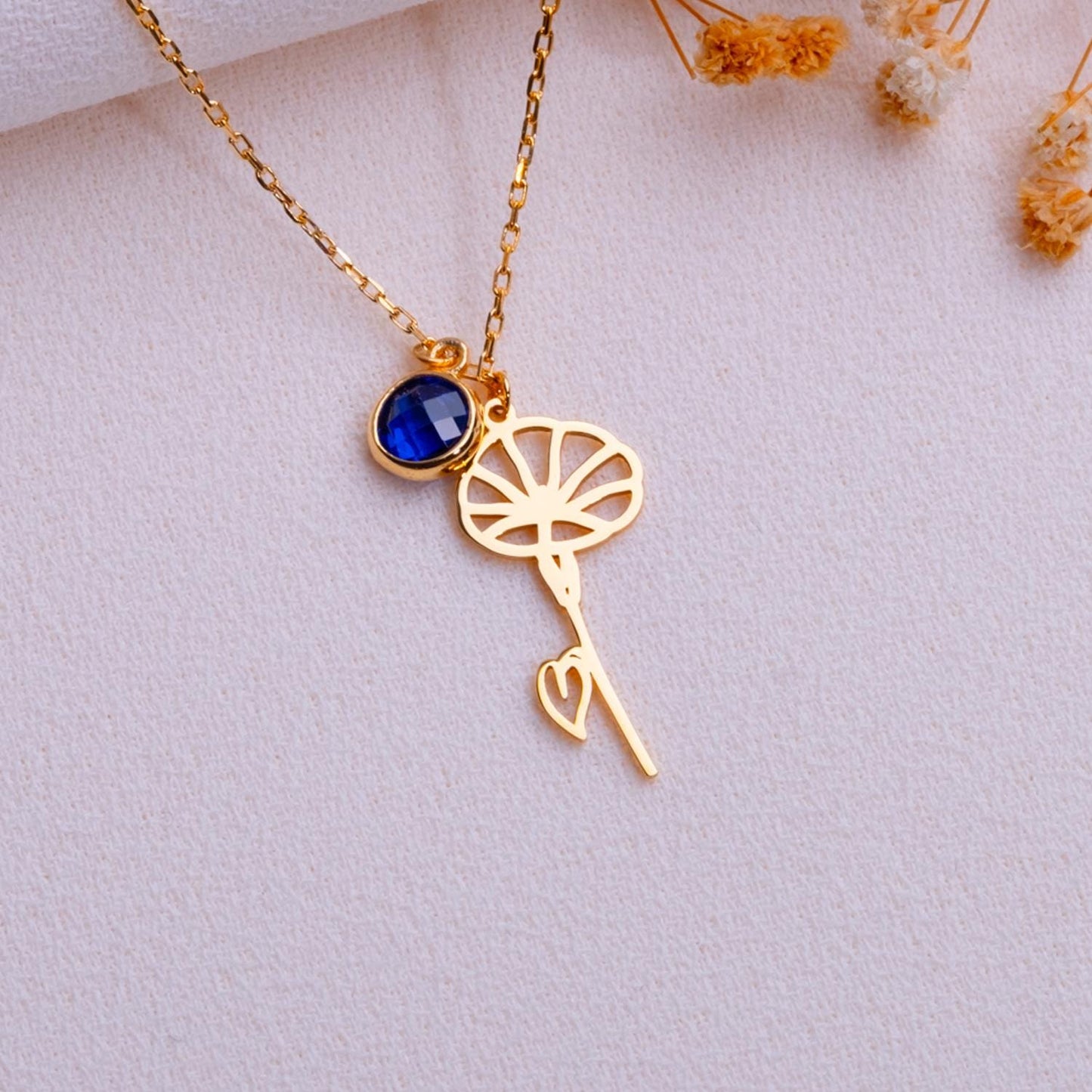 September Sapphire Birthstone Necklace • Morning Glory Flower Pendant • Birthflower Jewelry Gift • September Birthday Gift for Her-Handmade