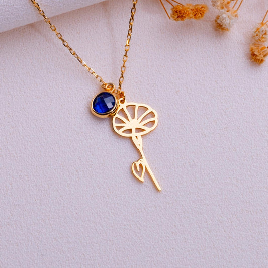 September Sapphire Birthstone Necklace • Morning Glory Flower Pendant • Birthflower Jewelry Gift • September Birthday Gift for Her-Handmade