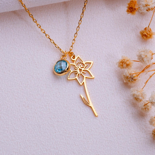 March Daffodil Birth Flower Necklace - Aquamarine Birthstone Necklace • Floral Jewelry Gift • March Birthday Flower Birthstone Necklace