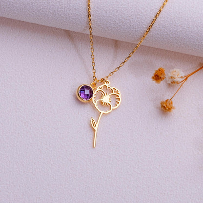 February Violet Birth Flower Necklace - Amethyst Birthstone Jewelry - Birthflower Gift for Her - Personalized Flower - Birthstone Necklace