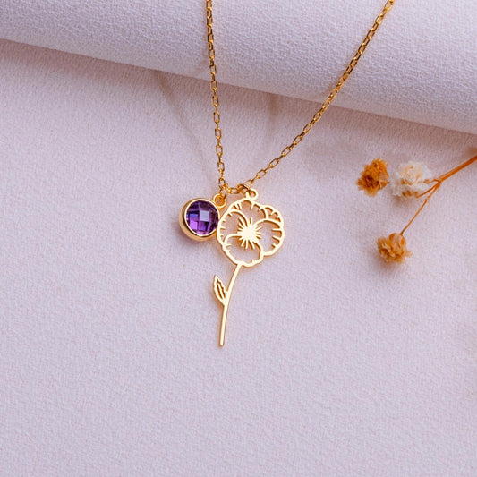 February Violet Birth Flower Necklace - Amethyst Birthstone Jewelry - Birthflower Gift for Her - Personalized Flower - Birthstone Necklace