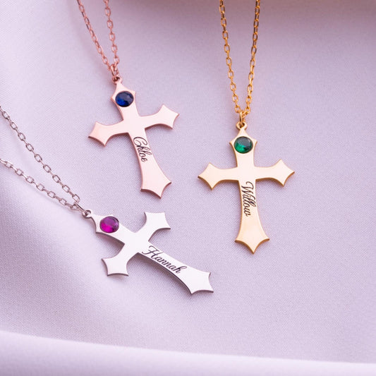 Birthstone Cross Necklace, Gold Cross Pendant, Custom Name Necklace, Small Orthodox Cross, Birthstone Jewelry Gift for Her, Birthday Gift.