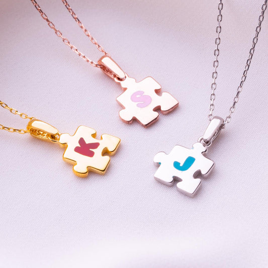 Personalized Puzzle Necklace, Name Letter Pendant, Gold & Silver Handmade Jewelry, Couples Necklace, Cross Charm, Gift for Her,Birthday Gift