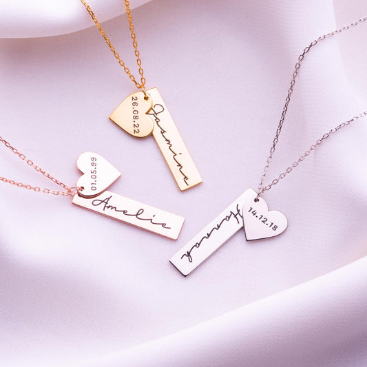 Heart Bar Necklace – Custom Nameplate, Mama Necklace, Personalized Heart Charm, Bar Jewelry Gift for Her, Name Bar Necklace for Women