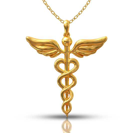 Handmade Caduceus Necklace, 14K Gold Plated Medical Charm, Custom Mythology Pendant, Personalized Jewelry Gift for Nurse & Medical Student