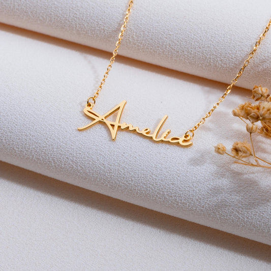 Signature Name Necklace, Custom Name Plate, Dainty Gold Necklace, Baby Name Jewelry, Personalized Gift for Her,Anniversary Necklace,handmade