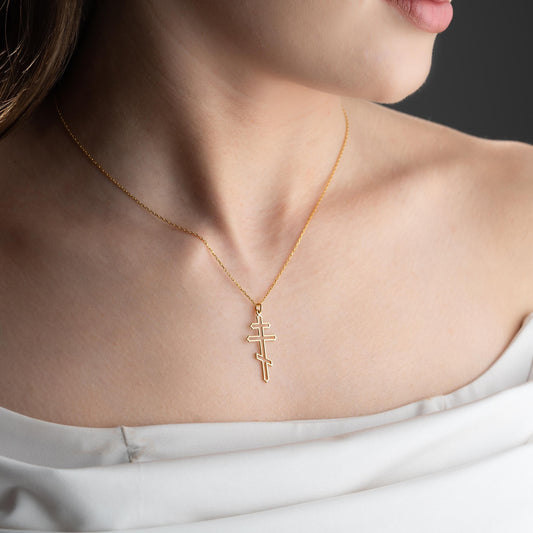 Gold Cross Necklace, Silver Pearl Cross Jewelry, Dainty Orthodox Necklace for Women Men, Vintage Birthday Gift, Mothers Day Gift for Him Her