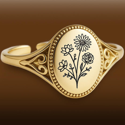 Floral Engraved Oval Signet Ring – Gold Adjustable Botanical Birth Flower Ring – Vintage Style Handmade Statement Jewelry for Women