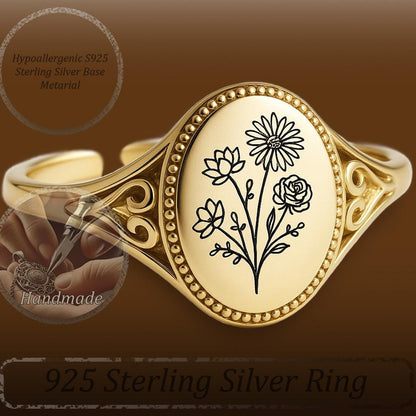 Floral Engraved Oval Signet Ring – Gold Adjustable Botanical Birth Flower Ring – Vintage Style Handmade Statement Jewelry for Women