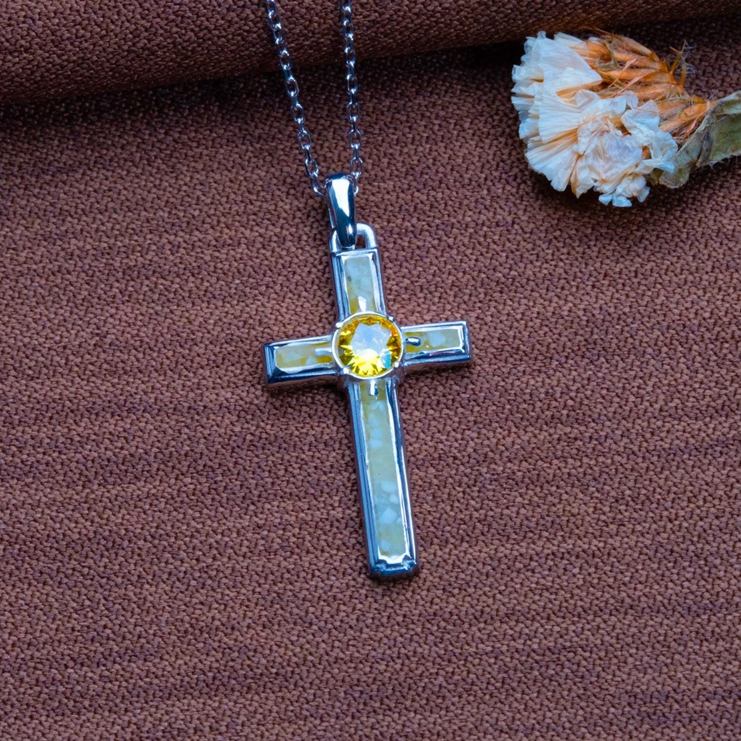 Jade Cross Necklace with Birthstone - Silver Cross - Sideways Jesus Charm, Dainty Resin Pendant-Cute Pearl Gift-Glitter Cross for Her or Him