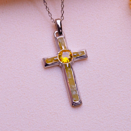 Jade Cross Necklace with Birthstone - Silver Cross - Sideways Jesus Charm, Dainty Resin Pendant-Cute Pearl Gift-Glitter Cross for Her or Him