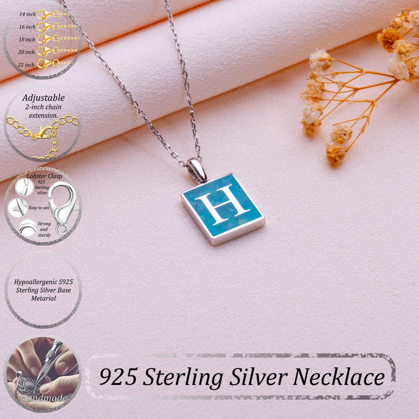 Blue Agate Initial Necklace - Moss Agate Pendant - Silver Initial Charm,Personalized Gift for Him Her,Natural Stone Jewelry,Multiple Letters