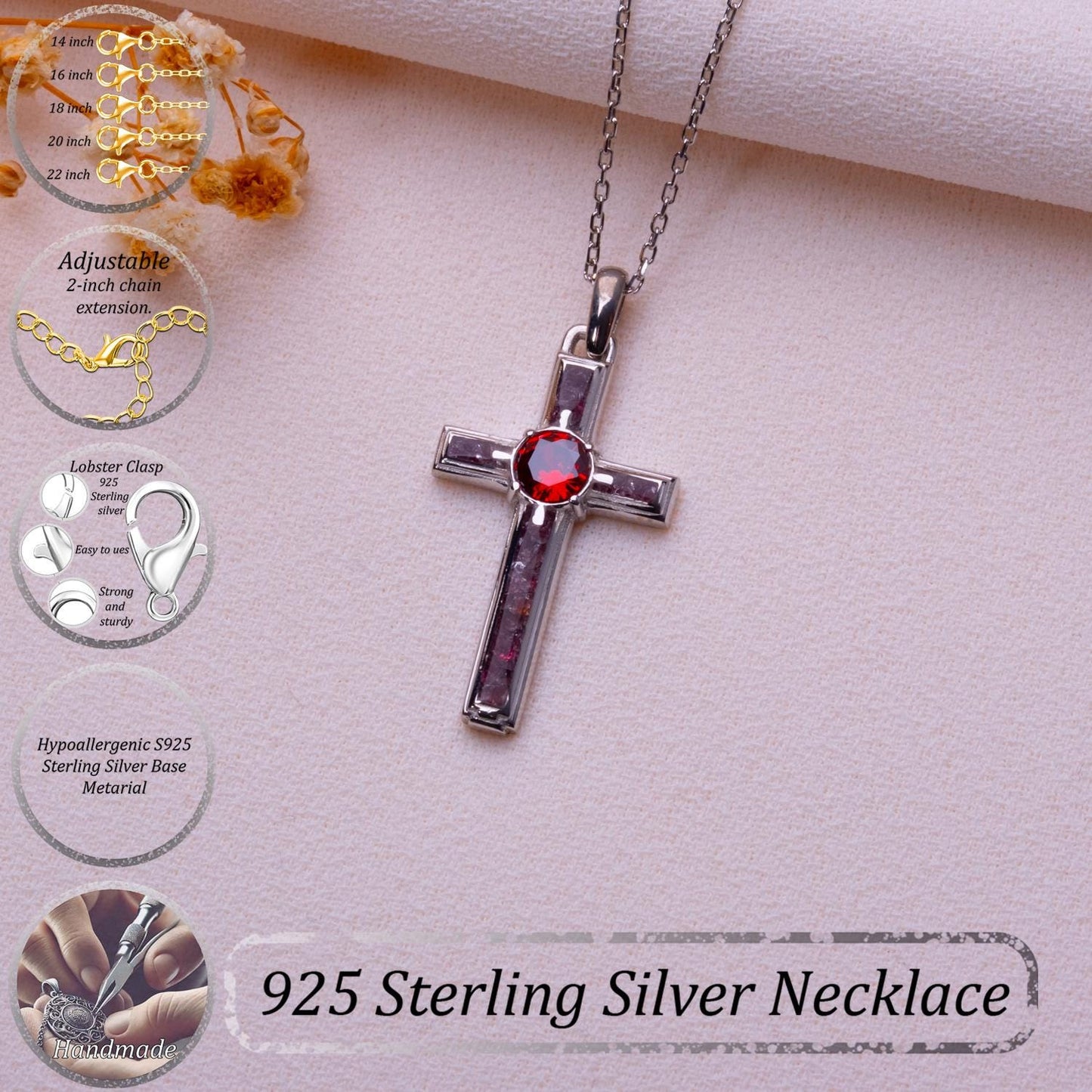 Garnet Cross Necklace with Birthstone • Dainty Gold Cross Charm • Elegant Moissanite Pendant • Gift Box for Mom • Valentine’s Jewelry Set