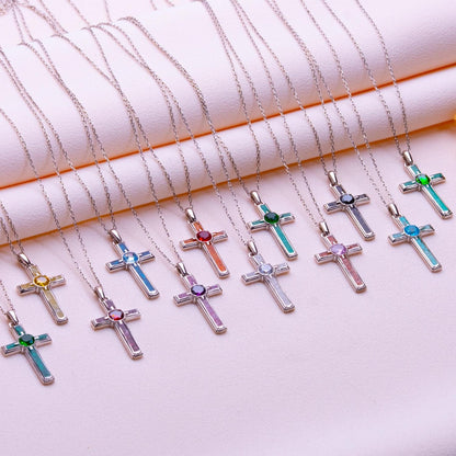 Coral Cross Necklace: Sterling Silver Pendant with Birthstone